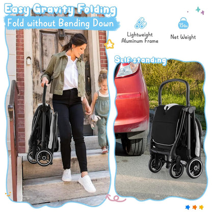 HONEY JOY Lightweight Baby Stroller, Compact Travel Stroller for Airplane, Fits Airplane Cabin & Overhead, One-Hand Gravity Fold, Self-Standing Toddler Stroller w/Adjustable Backrest/Canopy(Pink)