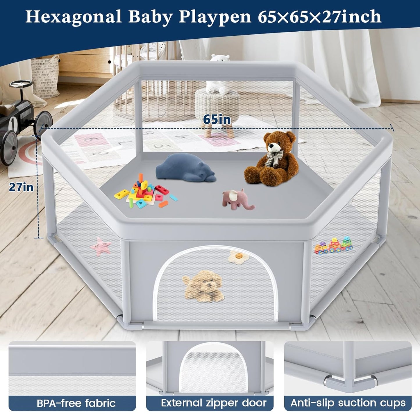 Large Baby Playpen for Babies and Toddlers, Playpen 74×50, Large Baby Play Yards Indoor & Outdoor, Sturdy Safety Baby Play Pen with Soft Breathable Mesh, Toddlers Activity Center with Anti-Slip Base