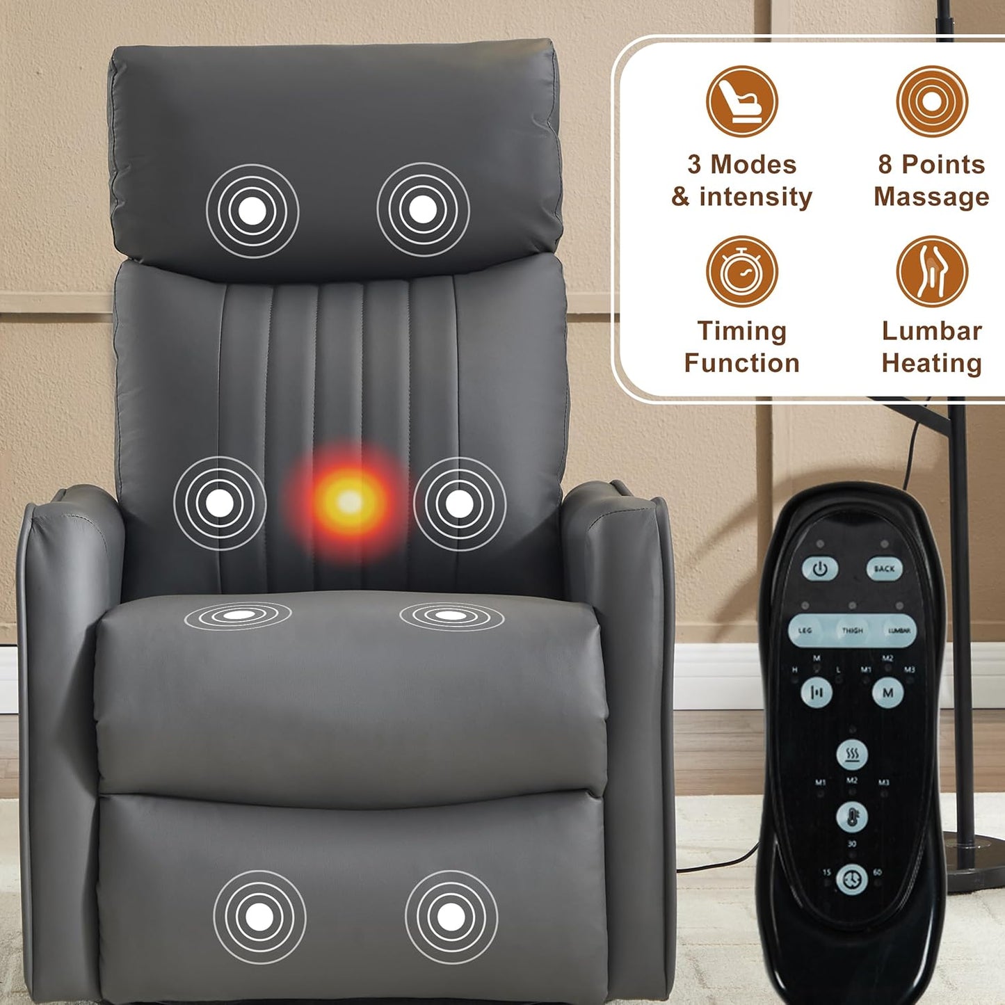 Manual 360° Swivel Rocker Recliner Chair for Adults, Overstuffed Glider Chair for Nursery with Vibration Massage and Heat, Comfy Soft Fabric Glider with Side Pockets for Living Room, Beige