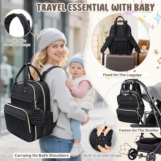 CandyHome Diaper Bag Backpack, Waterproof Stylish Baby Bag with Changing Pad, Large Capacity Travel Essentials Baby Diaper Bag with USB Port, Stroller Straps & Pacifier Case (Black)