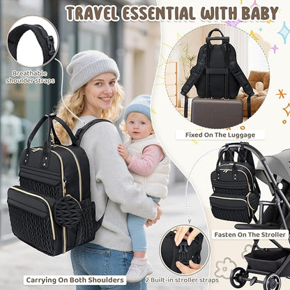 CandyHome Diaper Bag Backpack, Waterproof Stylish Baby Bag with Changing Pad, Large Capacity Travel Essentials Baby Diaper Bag with USB Port, Stroller Straps & Pacifier Case (Black)