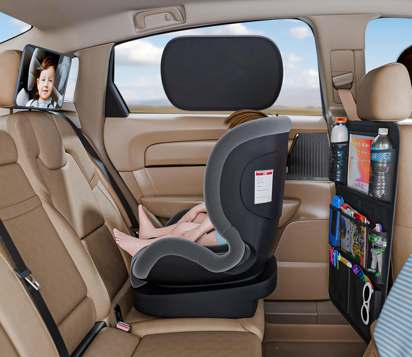 Baby Car Essentials Starter Kit for New Parents w/ 1 Backseat Organizer 2 Window Sun Shades 2 Headrest Hooks 1 Rear Facing CarSeat Mirror – Baby Car Stuff Must Haves & Newborn Essentials