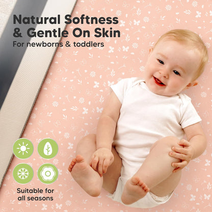 2 Pack and Play Sheets, Waterproof Mini Crib Sheets Fitted - 38x26 Organic Cotton Pack N Play Sheets for Graco Pack and Play Mattress, Playard Baby Crib Sheets,Neutral for Boy,Girl,Toddler(KeaSafari)