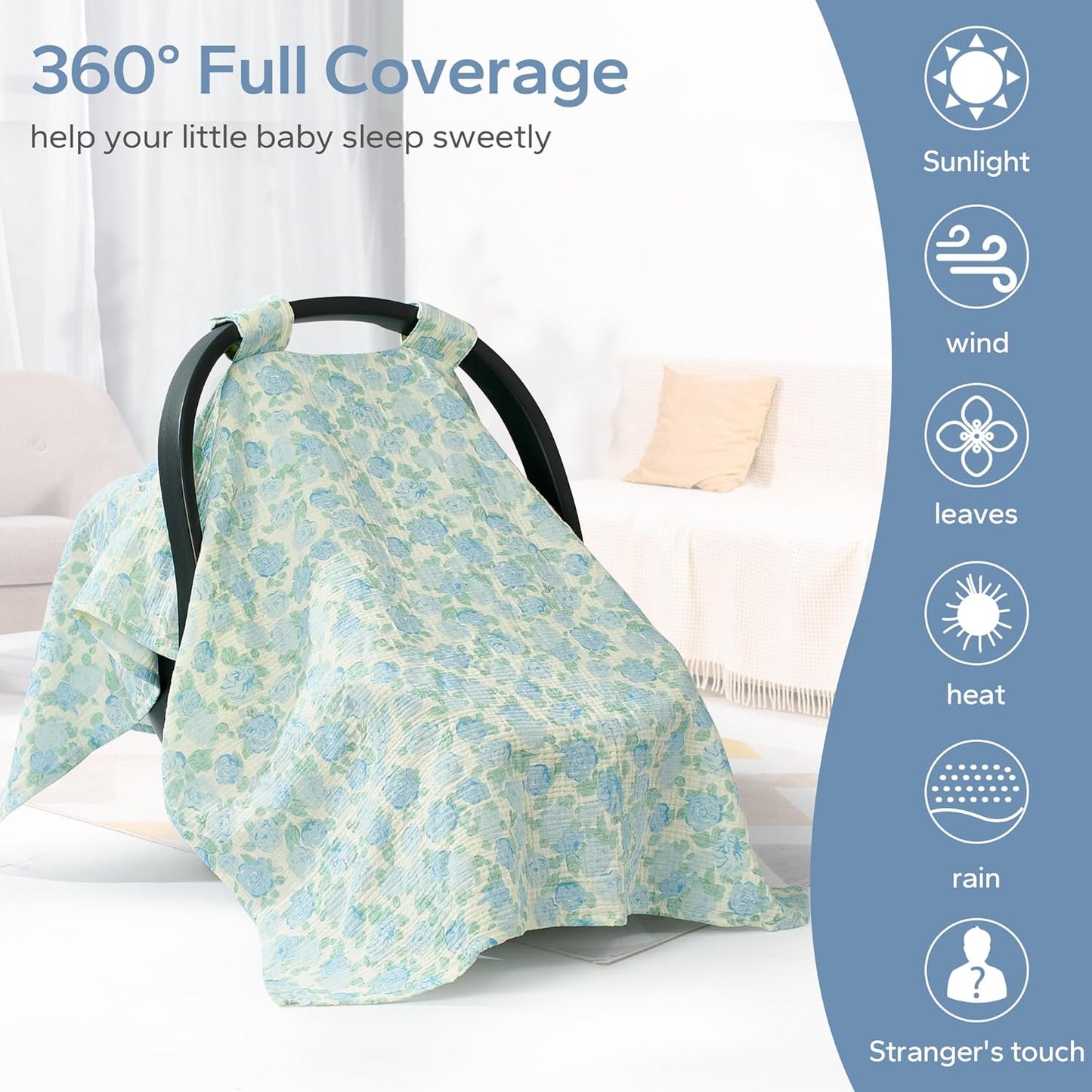 SERAPHY 2-in-1 Muslin Baby Car Seat Cover & Nursing Cover, Soft Lightweight Breastfeeding Cover for Boys and Girls,Breathable Canopy for Infant Carseat & Stroller for Summer—Blueberrie