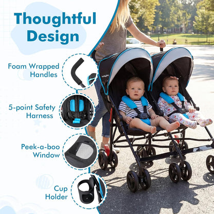 BABY JOY Double Umbrella Stroller, Lightweight Travel Side by Side Twin Stroller with Large Storage, Cup Holder, 5-Point Safety Harness, Adjustable Canopy & Compact Fold for Infant and Toddler (Black)