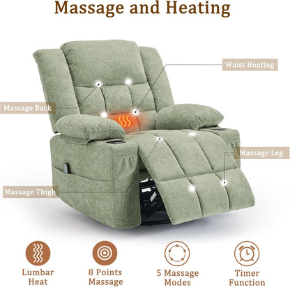 Korser 360° Swivel Rocker Recliner for Adults, Nursery Glider Recliner with Massage and Heating, Rocking Chair with Cup Holder, Manual Recliner Chair for Living Room, Bedroom (Fabric, Beige)