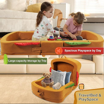 Toddler Travel Bed Sandwich Style - Portable Toddlers Floor Beds, Foldable Soft Foam Travel Crib for Baby and Kid, Washable Cover Toddler Cot with Safety Rail for Travel, Home/Travel Sleep