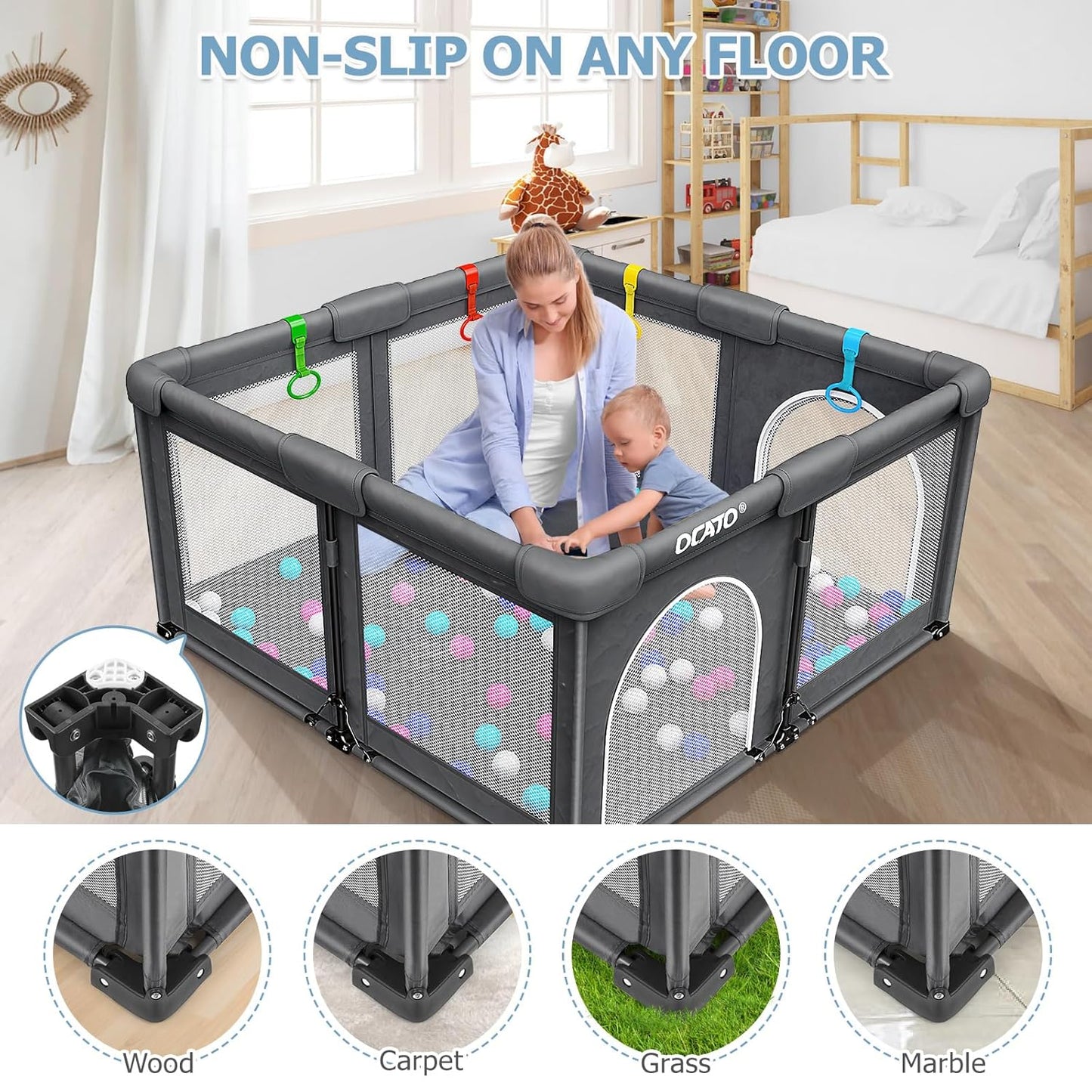 OCATO Baby Playpen Play Pen: Foldable Playpen for Babies and Toddlers Playard for Indoor Outdoor Activity Center Game Fence Safety Area Toddler Play Pen for Babies 6-12 Months Baby Gifts (50" × 50")