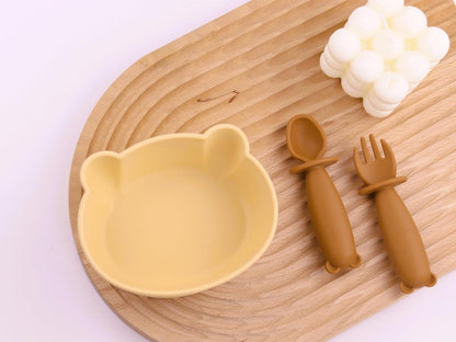 Silicone Bear Shaped Baby Bowl with Suction, Spoon & Fork for Babies 6+ Months, Infant Feeding BLW Baby Essentials Must Haves, BPA Free, Dishwasher Safe (Very Bear)