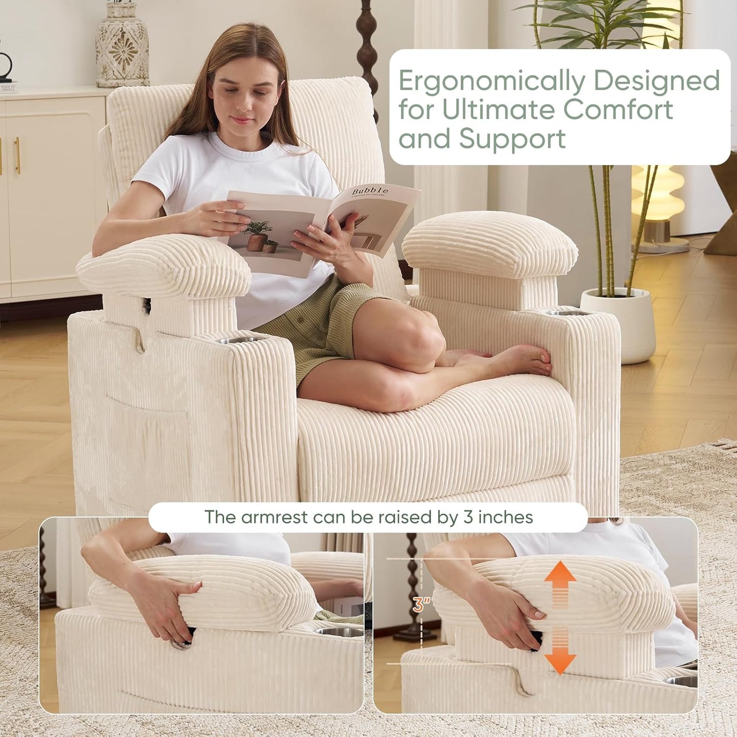 Rocking Chair Nursery with Adjustable Armrest for Breastfeeding, Glider Recliner Nursery Chair with Massage and Heat, Power Swivel Rocker Recliner with Adjustable Headrest, Corduroy, Beige