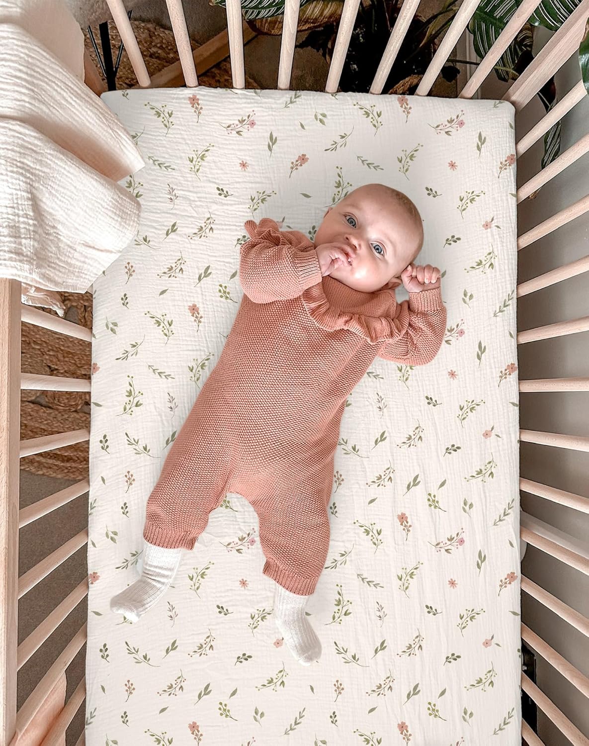 Muslin Bedside Bassinet Sheets 2 Pack, 33x20 Fitted Ultra Soft & Breathable Bedside Sleeper Sheets, Ideal for Baby Girl and Boy, Perfect for Newborns (Hopping Bunnies & Beige)