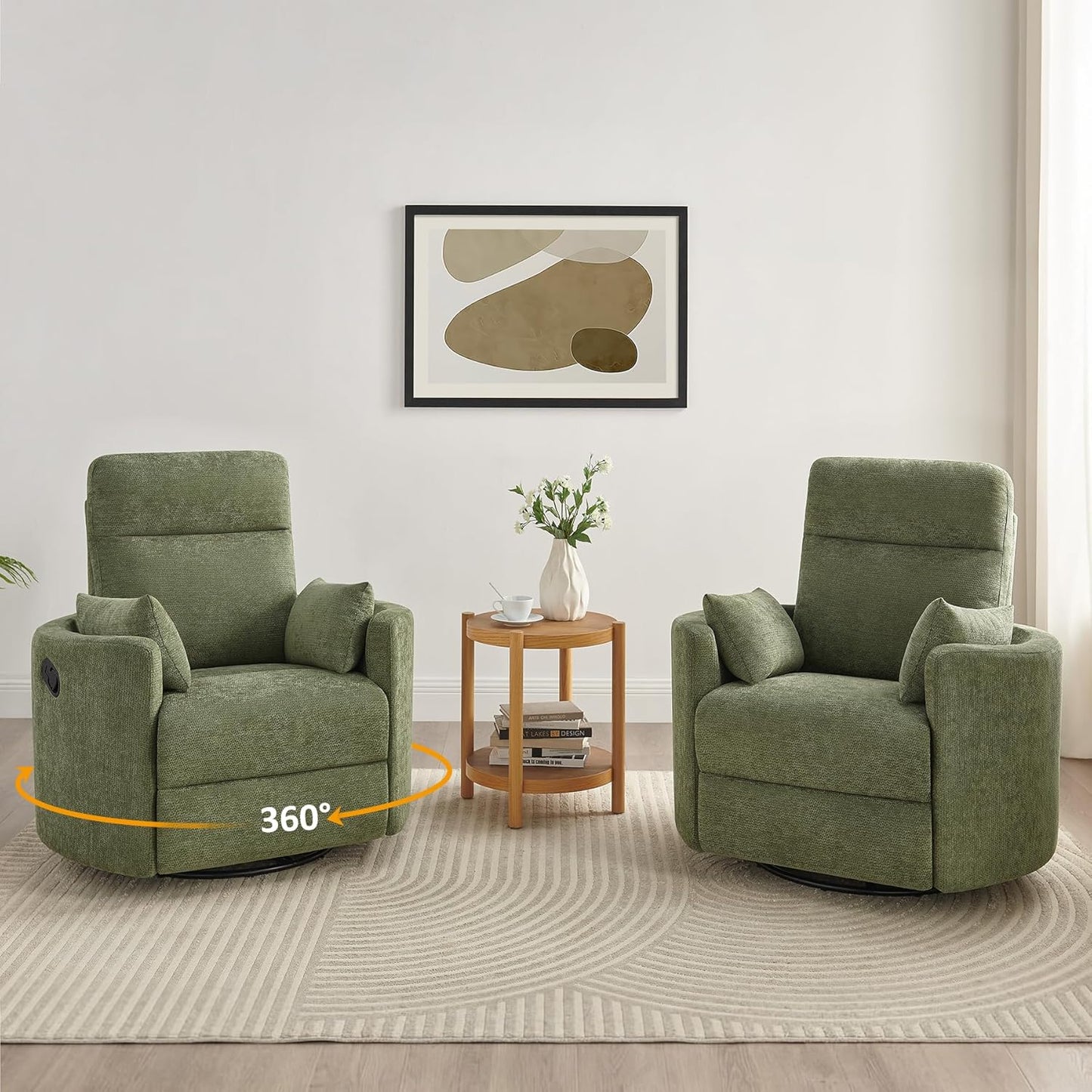 Nursery Rocking Chair, Oversized 360° Swivel Glider Recliner Chair, Upholstered Nursery Rocker with 2 Pillows and Footrest, Cozy Reclining Sofa for Living Room, Bedroom, Nursing, Olive