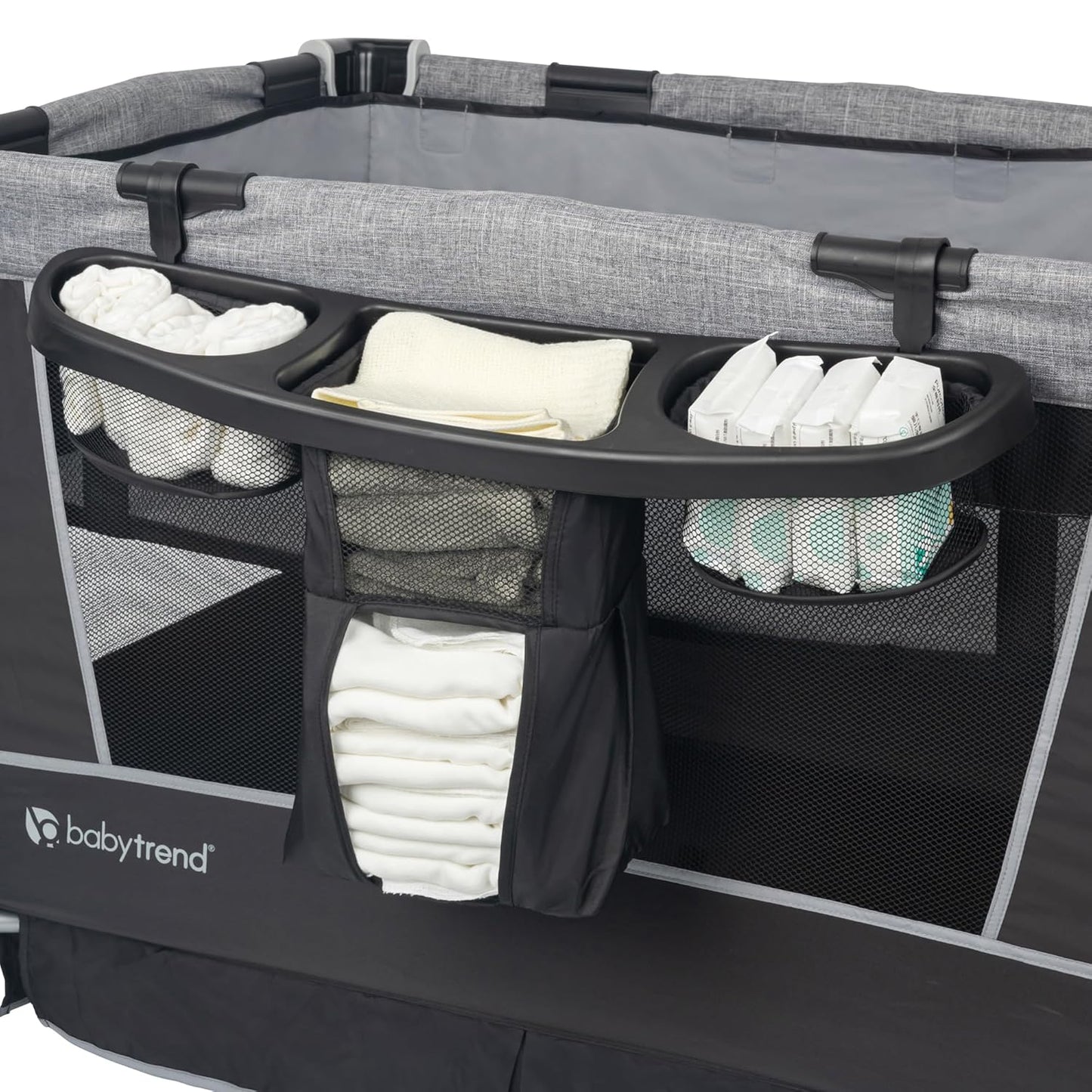 Baby Trend Retreat Nursery Center with Two Removable Rock A Bye Bassinets, Changing Table, Organizer, and Music Center with Nightlight, Quarry