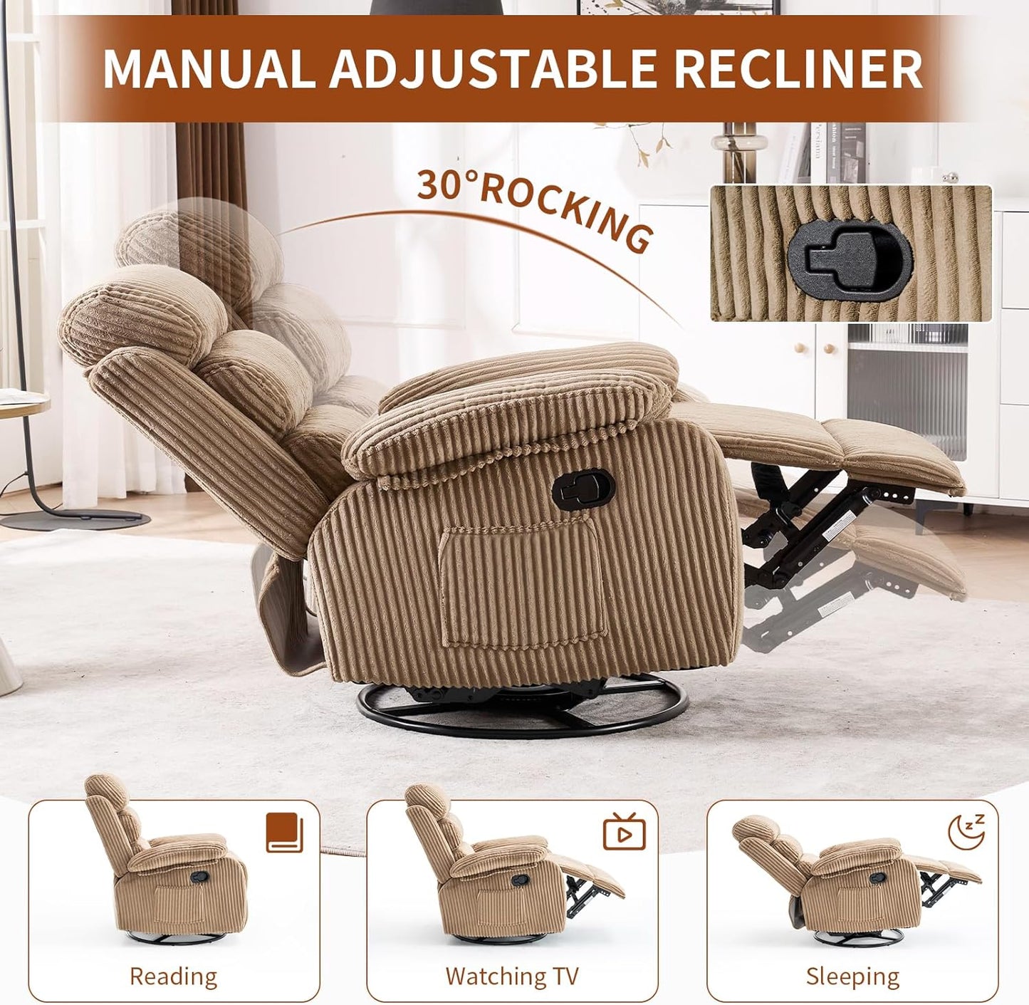 Adult 360° Rocking Recliner Chair，Nursery Rocker Reclining Chair with Side Pocket, a Comfy upholstered Single Sofa Armchair. Suitable for Living Room, Bedroom Nursing use, Velvet Fabric in Beige