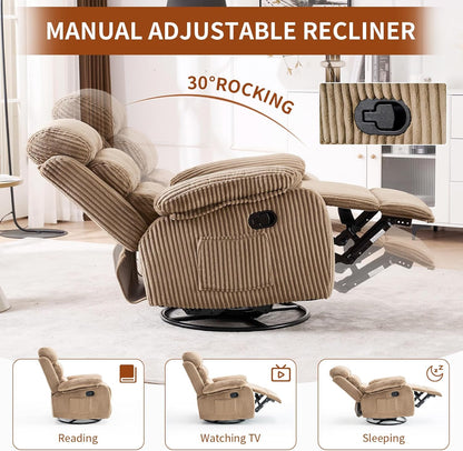 Adult 360° Rocking Recliner Chair，Nursery Rocker Reclining Chair with Side Pocket, a Comfy upholstered Single Sofa Armchair. Suitable for Living Room, Bedroom Nursing use, Velvet Fabric in Beige