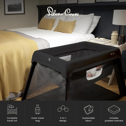 Silver Cross Sleep & Go 3 in 1 Travel Crib - Converts Newborn Bassinet, Crib to Playard - Portable, Lightweight, Easy to Pack with Comfortable Mattress for Infants to Toddlers - Carbon (Sustainable)