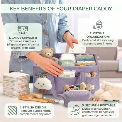 PeraBella Baby Diaper Caddy Organizer, Baby Basket Shower Gift, Portable Changing Table Basket, Postpartum Caddy & Tote Bag Pouch, Newborn Boy & Girl Nursery Essentials Registry, Car Diaper Organizer