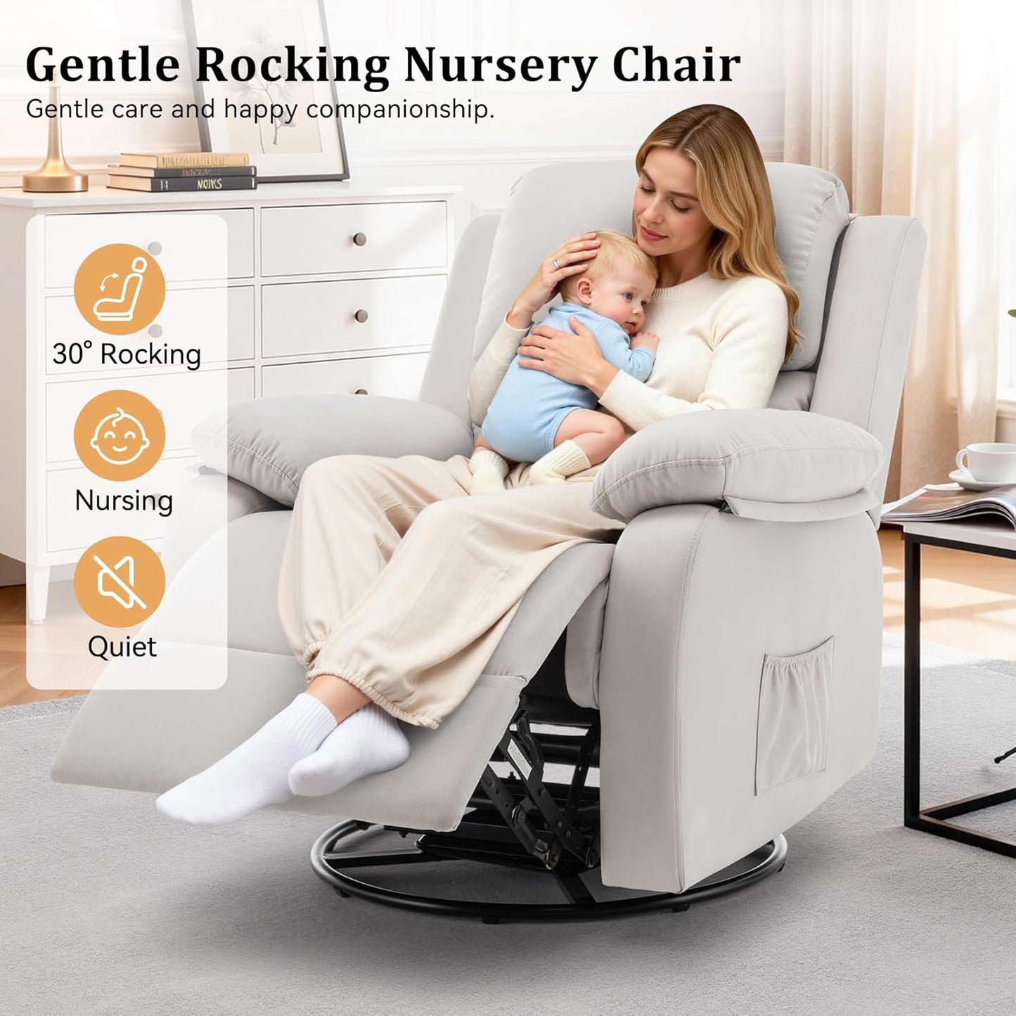 Korser Recliner Chair, 360 Swivel Rocker Chair for Adults, Small Rocking Recliner for Small Spaces, Upholstered Fabric Glider Recliner Nursery