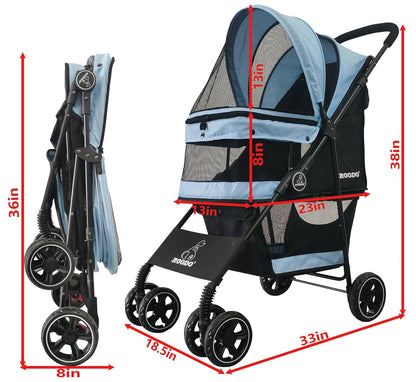 ROODO 4 Wheel Dog Cat Pet Stroller Best Lightweight Foldable Compact Portable Jogger All Terrain Travel Pet Gear Puppy Doggie Bunny Kitty Stroller for up to 30lbs Medium Small Dogs Cats(Light Khaki)