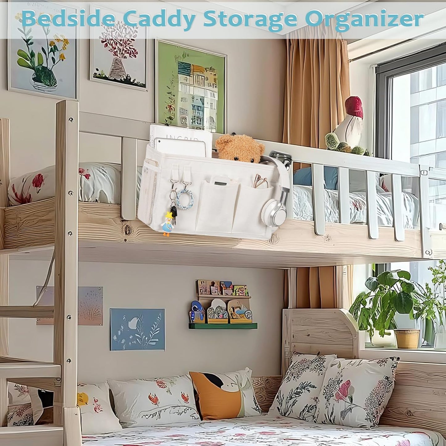 Loghot Bedside Caddy/Bedside Storage Bag Hanging Organizer for Bunk and Hospital Beds,Dorm Rooms Bed Rails,Can be Placed Glasses,Books,Mobile Phones,Keys (White)
