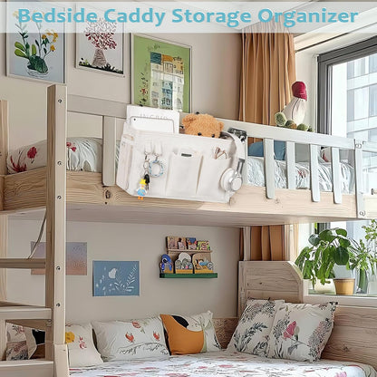 Loghot Bedside Caddy/Bedside Storage Bag Hanging Organizer for Bunk and Hospital Beds,Dorm Rooms Bed Rails,Can be Placed Glasses,Books,Mobile Phones,Keys (White)