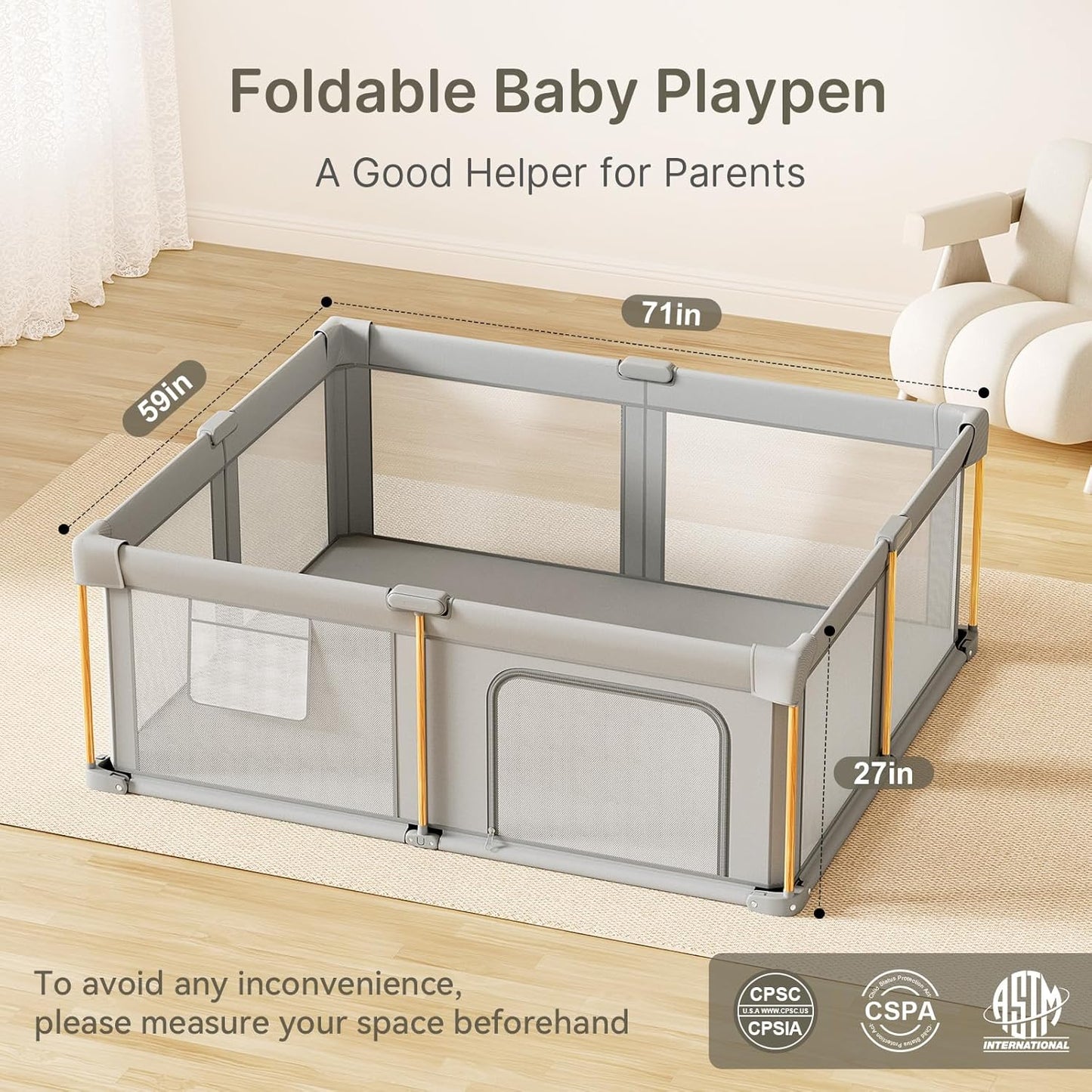 Foldable Baby Playpen with Mat, 71x59 Foldable Play Pen for Babies and Toddlers, Baby Playpen with Portable Design, Collapsible Play Yard for Fence Indoor and Outdoor