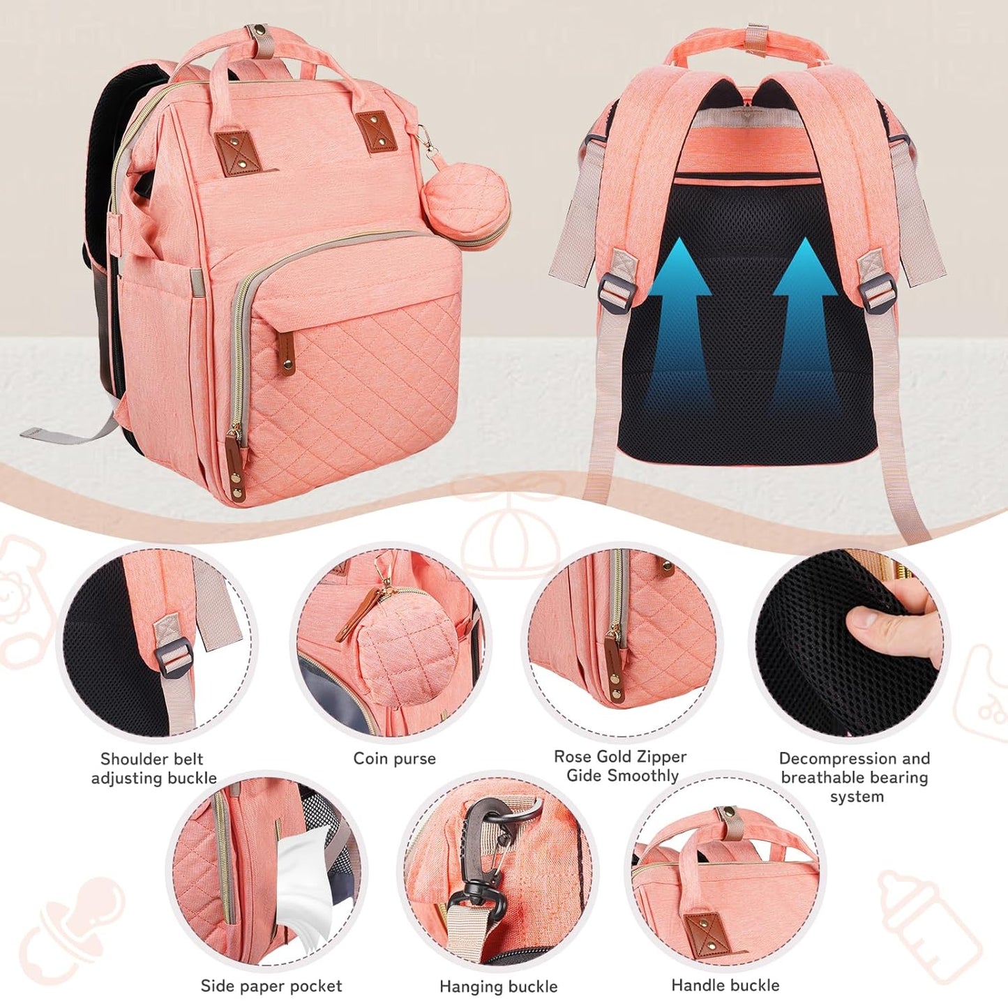 GurZinn Diaper Bag Backpack with Changing Station, Foldable for Bady Toddler, 3 in 1 Large Capacity Newborn Essentials Organizer with Stroller Hook for Girls and Boys（Pink）