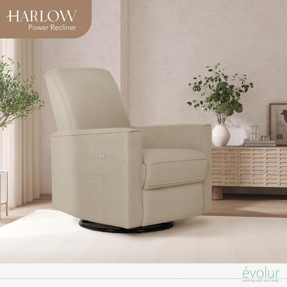 Evolur Harlow Upholstered Power Glider Recliner with USB Charging – Rocking & 275° Swivel with Smooth Glide – Greenguard Gold & FSC Certified – Modern Nursery and Living Room Chair in Light Sand