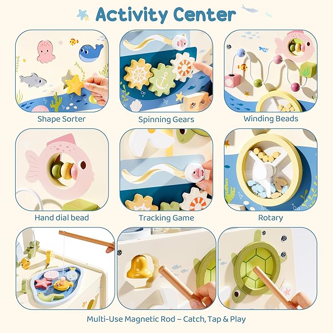 Wooden Baby Walker Push Toy for Toddlers 10M+ | Adjustable Height & Speed Control | Montessori Activity Center with Fishing Game, Music, Storage | Ocean World Theme Learning Walking Toy