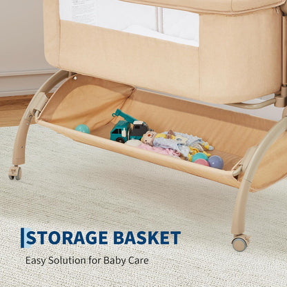 GarveeTech Bedside Bassinet Baby Bassinet for Baby, 3 in 1 Bedside Sleeper with Baby Co-Sleeper Travel Crib with Detachable Mosquito Net & Storage Basket | Adjustable Height, Wheels Included (Khaki)
