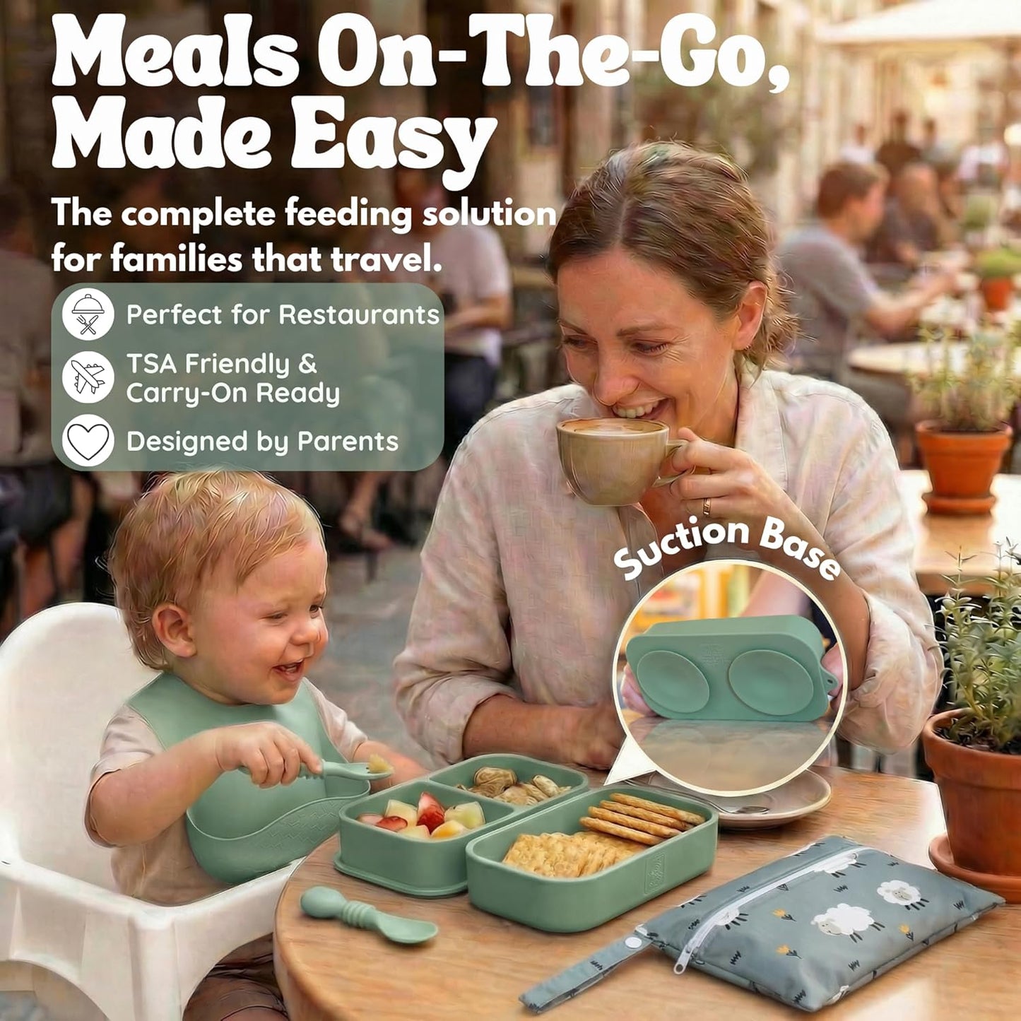 Baby Travel Essentials 6 Pc Silicone Feeding Set - Portable Toddler Plates with Suction, Baby Spoons & Foldable Bib in Carrying Case - BPA-Free Infant & Toddler Utensils for Airplanes & Eating Out