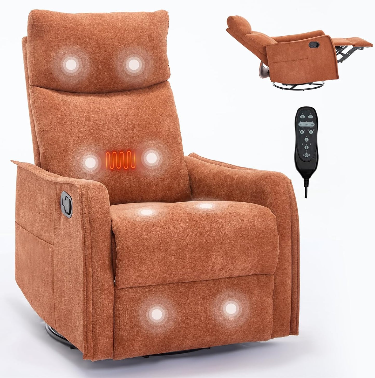 Swivel Rocker Recliner Chair for Adults, Nursery Rocking Chair with Heat and Massage, Glider Reclining Chair for Small Space Living Room Bedroom, Faux Leather Black