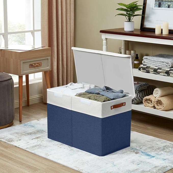 Bagnizer Large Toy Storage Box with Lids, Collapsible Sturdy Baby Storage Organizer Chest Bin Basket for Kids, Boys, Girls, Playroom, Nursery, Bedroom, Closet 25"x13"x16" (Navy Blue and White)