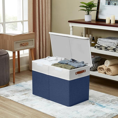 Bagnizer Large Toy Storage Box with Lids, Collapsible Sturdy Baby Storage Organizer Chest Bin Basket for Kids, Boys, Girls, Playroom, Nursery, Bedroom, Closet 25"x13"x16" (Navy Blue and White)