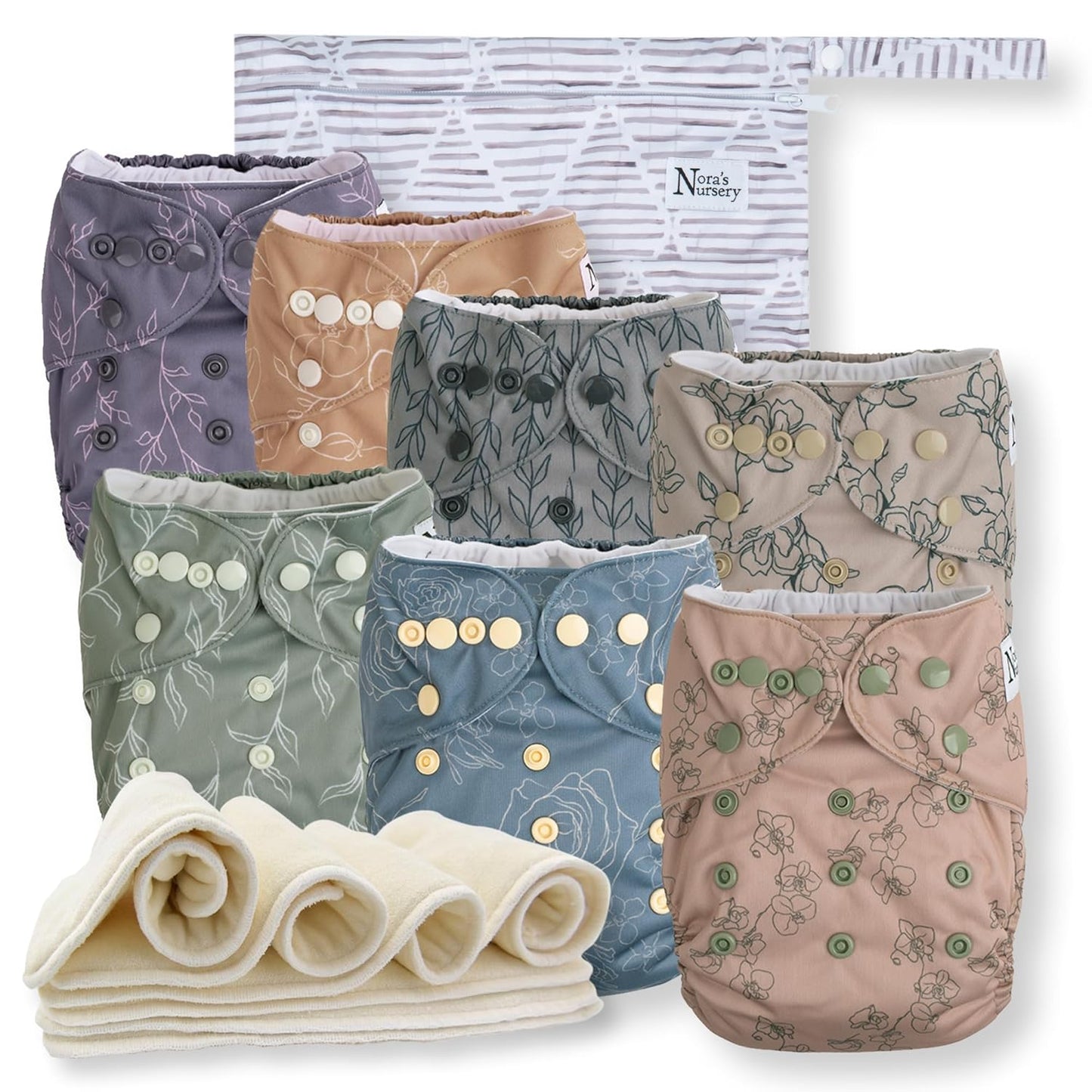 Nora's Nursery Cloth Diapers 7 Pack with 7 Inserts & 1 Wet Bag - Waterproof Cover, Washable, Reusable & One Size Adjustable Pocket Diapers for Newborns and Toddlers - Cali Coastal