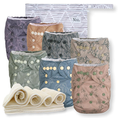 Nora's Nursery Cloth Diapers 7 Pack with 7 Inserts & 1 Wet Bag - Waterproof Cover, Washable, Reusable & One Size Adjustable Pocket Diapers for Newborns and Toddlers - Cali Coastal
