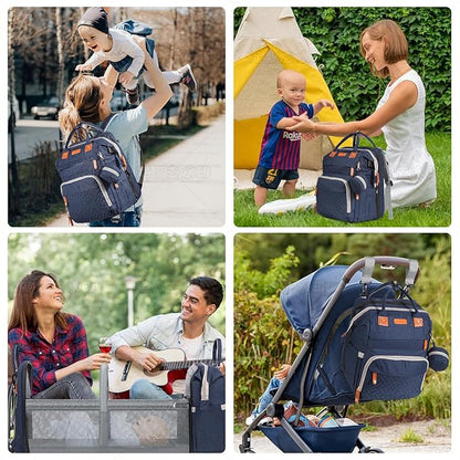 Baby Diaper Bag Backpack, with Diaper Changing Station, Multi-functional Travel Diaper Waterproof Backpack, for Baby Boys and Girls, Folding Portable Nappy Changing Mat and Sun Canopy(Large Blue)