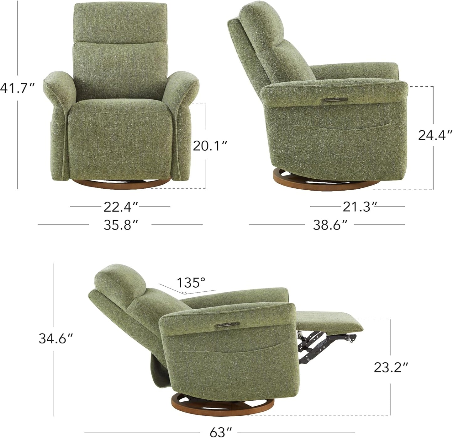 CHITA Power Recliner Chair, Electric Triple-Motor Swivel Glider Nursery Rocking Chair with Adjustable Power Headrest and Lumbar Support, GREENGARD Gold Certified, Solid Wood Base, Khaki Grey