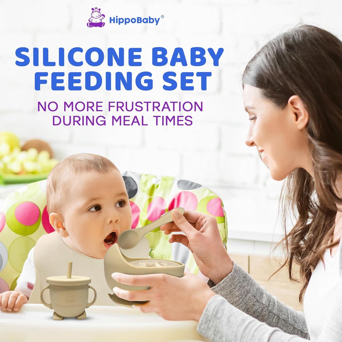 HippoBaby Baby Led Weaning Supplies | 10 Piece Silicone Baby Feeding Set | Baby Toddler Bib Cup Divided Plate and Bowl Self Feeding Spoons Dish Set | Baby Utensils | Toddler Feeding Supplies (Sky)
