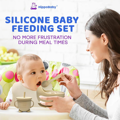 HippoBaby Baby Led Weaning Supplies | 10 Piece Silicone Baby Feeding Set | Baby Toddler Bib Cup Divided Plate and Bowl Self Feeding Spoons Dish Set | Baby Utensils | Toddler Feeding Supplies (Sky)