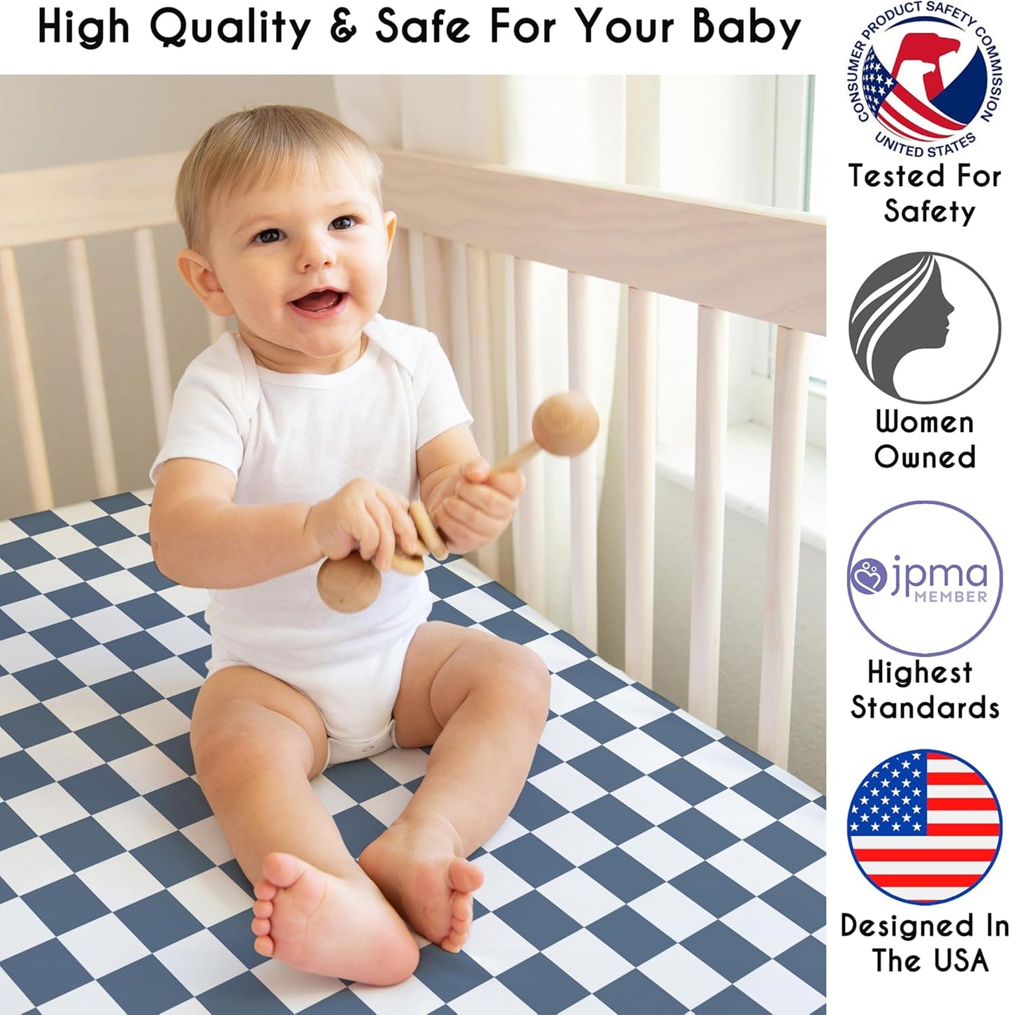 Sweet Jojo Designs 2-Piece Baby Bassinet Sheets Set (Black/White Gingham Checkered Plaid) for Boy/Girl, Infant Newborn Nursery, Oval, Rectangle & Hourglass Mattress (Solid Onyx & Classic Checkerboard)