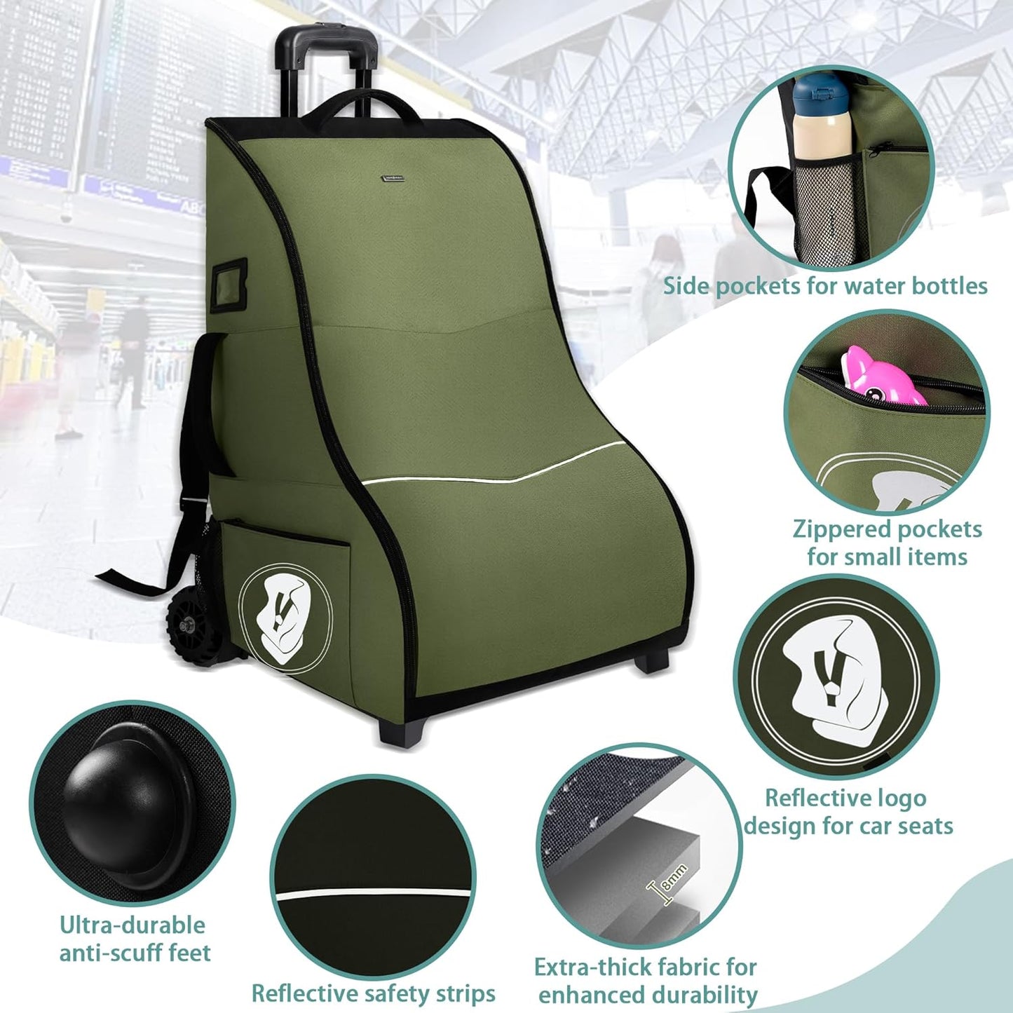 Rolling Car Seat Travel Bag with Wheels – Car Seat Backpack Transport Case for Airplane Travel, Fits Convertible & Booster Seats, Protective Storage Cover, Black