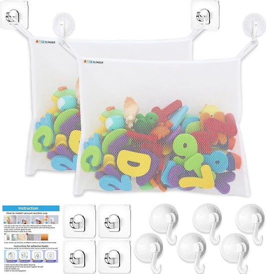 Bath Toy Net for Tub – Large Bath Toy Storage, Mesh Bath Toy Holder for Bathtub, Quick Dry Bathroom Bag for Kids Shower, Hanging Basket Organizer with Strong 6 Suction Cups 4 Adhesive Hooks, 2 Pack