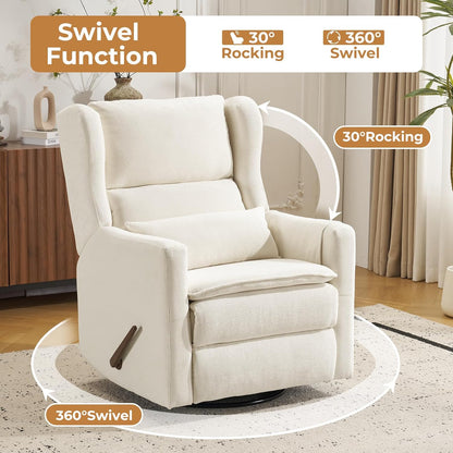 Large Glider Rocker Recliner,Rocking Chair Nursery with Adjustable Headrest,Swivel Rocker Recliner with Lumbar Support,Manual Nursery Rocker Recliner for Living Room& Bedroom,Chenille White