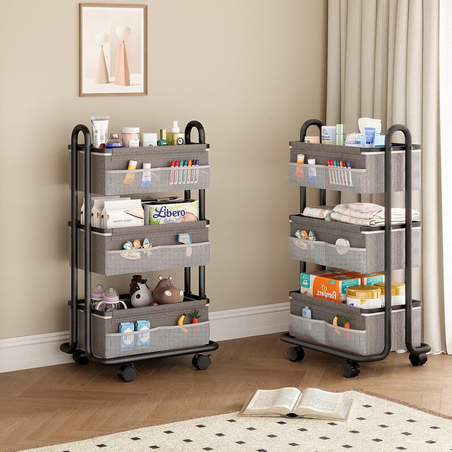 3-Tier Baby Diaper Caddy Organizer Cart, Mobile Nursery Storage Carts with Wheels, 3 Dividers & 6 Mesh Pockets Durable Metal Utility Cart for Nursery, Bedroom, Bathroom, Baby Essentials Organization