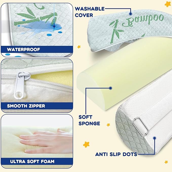 Waterproof Baby Bed Bumper for Toddler with Adjustable Band, Soft Kid Foam Bed Rail for Rental, Vacational, Full, Queen, Twin, King Size Bed, Green, 1 Pack