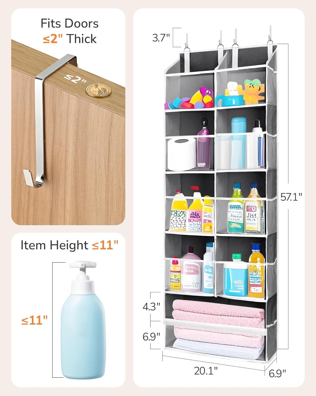 ULG 1 Pack Over Door Organizer with 5 Large and 10 Mesh Side Pockets, 44 lbs Weight Capacity Hanging Storage with Clear Window Kids Toys, Shoes, Diapers, Dark Grey, 5 Layers