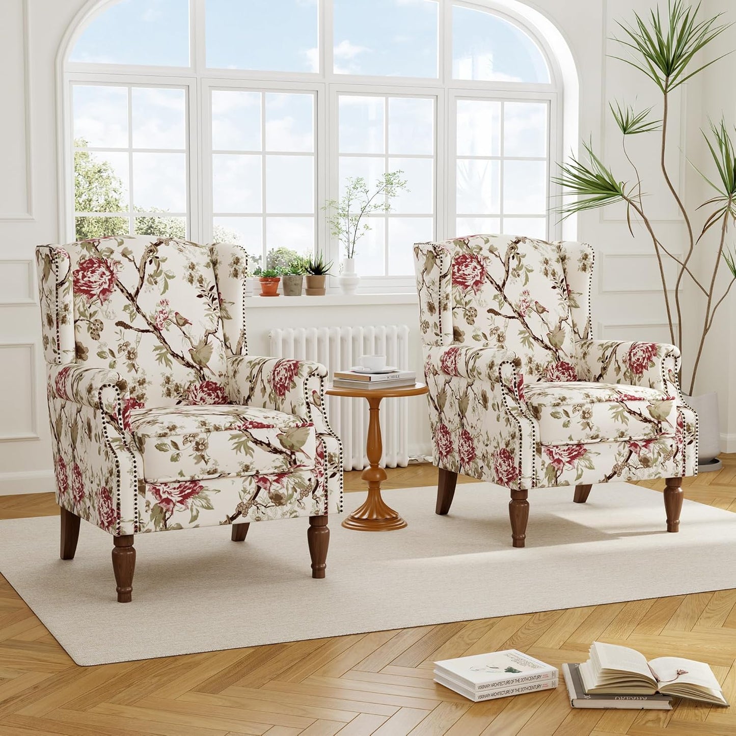 Swivel Rocker Recliner Chair, Manual Nursery Glider Recliner, Floral Fabric Wingback Accent Chair with Adjustable Backrest & Footrest for Small Spaces Living Room Bedroom (Plants Floral, Set of 1)