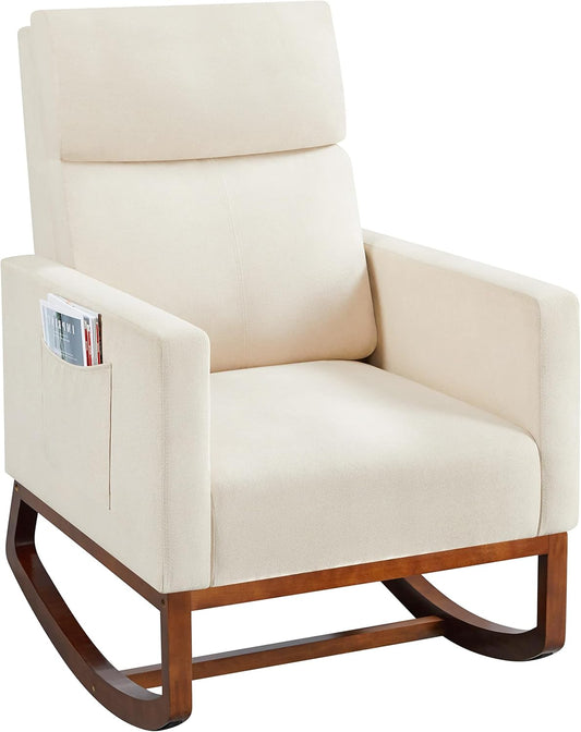 Topeakmart Nursery Rocking Chair, PU Leather Modern Accent Chair with Wood Legs Side Pocket Armchair Glider Rocker for Nursery Living Room Bedroom Lounge, Brown