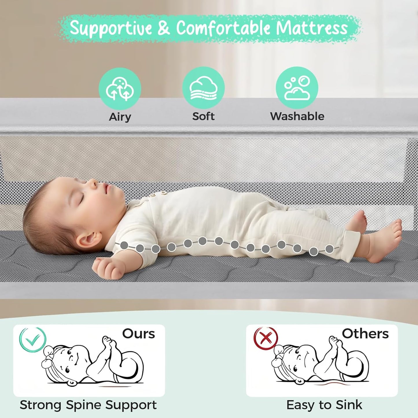 Cowiewie Bassinet Bedside Sleeper, Baby Bassinet with 7 Adjustable Height, Bedside Bassinet for Baby with Storage, Breathable Mesh & Mattress, Portable Bassinet Easy Folding (Pyramid Light Gray)